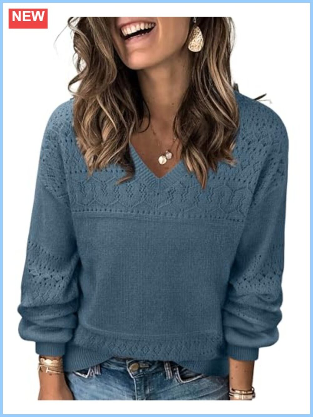 Women's V Neck Lightweight Crochet Pullover Sweater Casual Knit Top